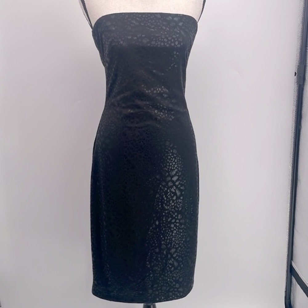 UEC BeBe black on black cheetah print strapless cocktail dress size small